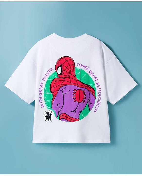Pine Kids Marvel Single Jersey Knit Drop Shoulder Half Sleeves Oversized T-Shirt with Spider Man Front & Back Graphic - White