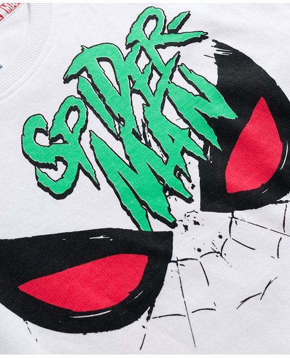Pine Kids Marvel Single Jersey Knit Drop Shoulder Half Sleeves Oversized T-Shirt with Spider Man Front & Back Graphic - White