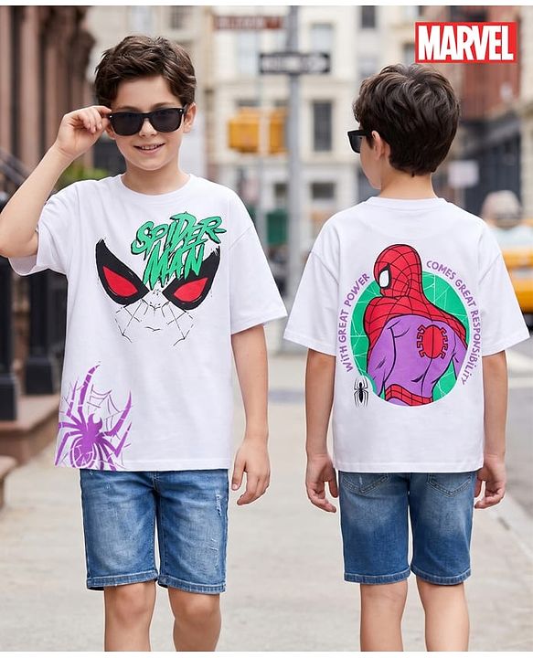 Pine Kids Marvel Single Jersey Knit Drop Shoulder Half Sleeves Oversized T-Shirt with Spider Man Front & Back Graphic - White
