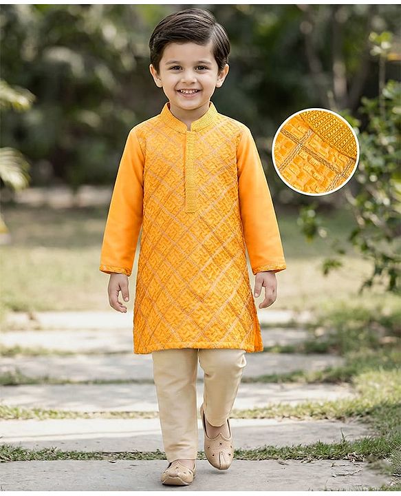 Babyhug Woven Full Sleeves Kurta Pajama Set With Textured Design - Mustard