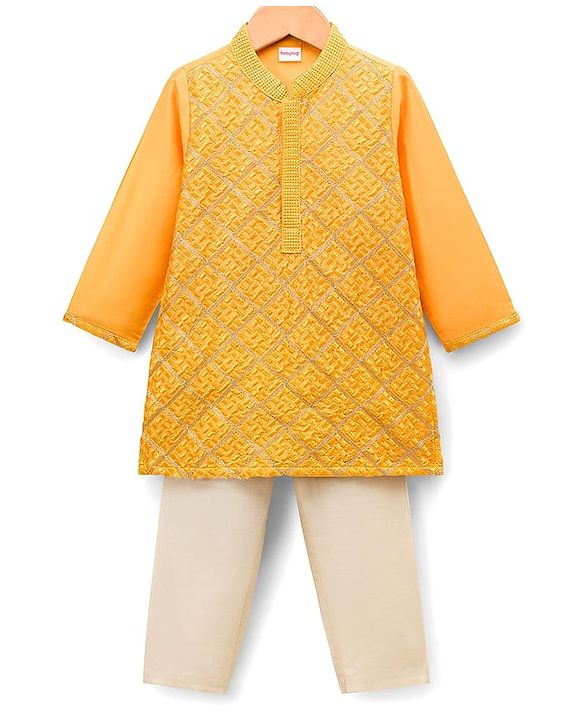 Babyhug Woven Full Sleeves Kurta Pajama Set With Textured Design - Mustard