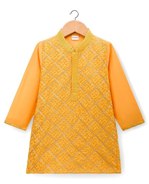 Babyhug Woven Full Sleeves Kurta Pajama Set With Textured Design - Mustard