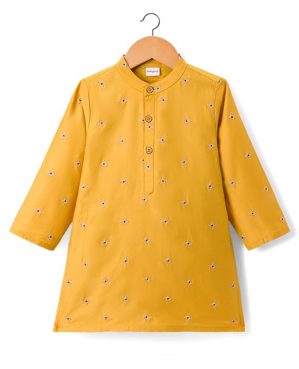 Babyhug Woven Full Sleeves Kurta Pajama Set With Floral Embriodery - Mustard