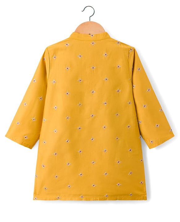 Babyhug Woven Full Sleeves Kurta Pajama Set With Floral Embriodery - Mustard