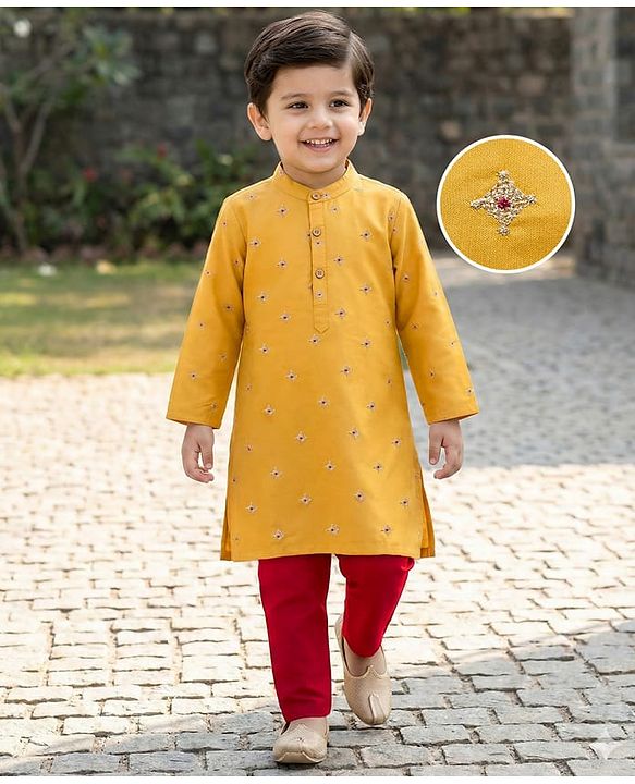 Babyhug Woven Full Sleeves Kurta Pajama Set With Floral Embriodery - Mustard