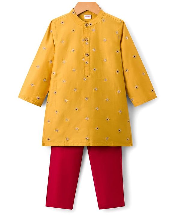Babyhug Woven Full Sleeves Kurta Pajama Set With Floral Embriodery - Mustard