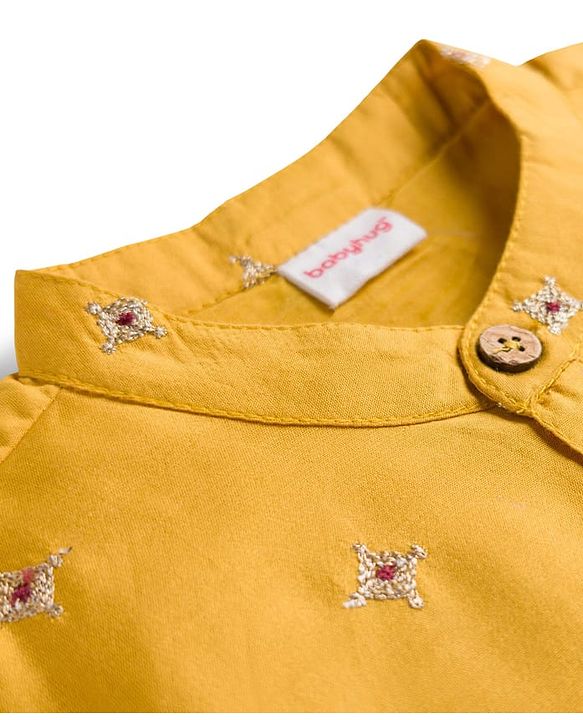 Babyhug Woven Full Sleeves Kurta Pajama Set With Floral Embriodery - Mustard