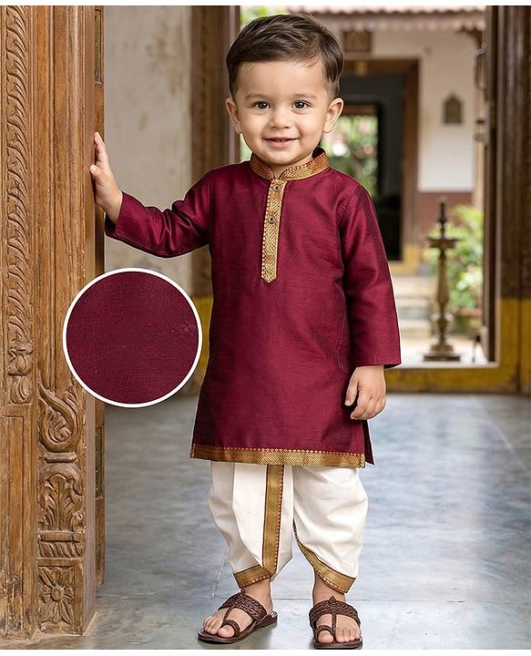 Babyhug Woven Full Sleeves Kurta Dhoti Set With Lace Detailing - Maroon