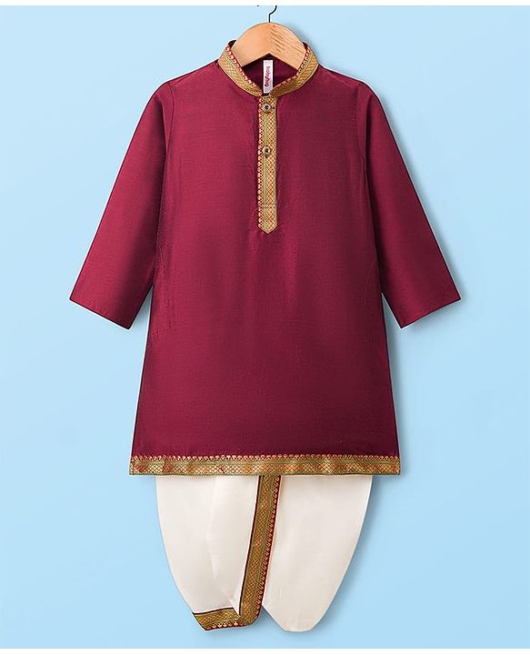 Babyhug Woven Full Sleeves Kurta Dhoti Set With Lace Detailing - Maroon