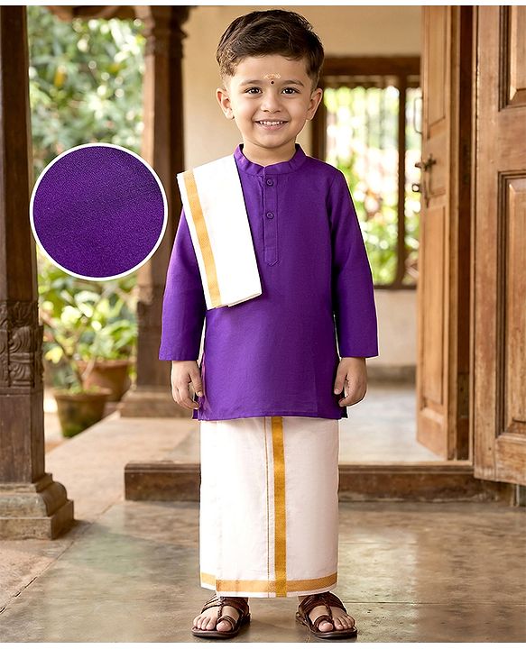 Babyhug Woven Full Sleeves Kurta Mundu  With Dupatta Set - Purple