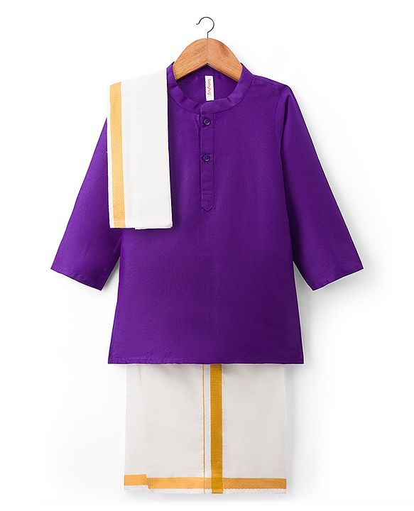 Babyhug Woven Full Sleeves Kurta Mundu  With Dupatta Set - Purple