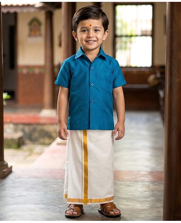 Babyhug Woven Half Sleeves Kurta Mundu Set - Blue