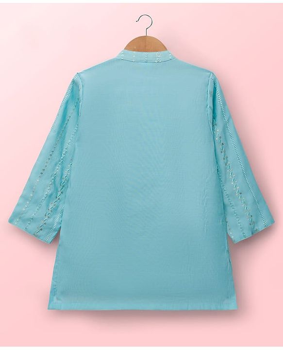 Babyhug Woven Full Sleeves Kurta & Dhoti Set With Sequin Detailing - Light Blue