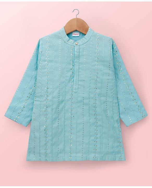 Babyhug Woven Full Sleeves Kurta & Dhoti Set With Sequin Detailing - Light Blue