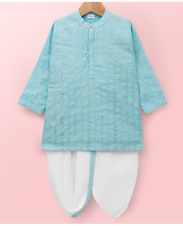 Babyhug Woven Full Sleeves Kurta & Dhoti Set With Sequin Detailing - Light Blue