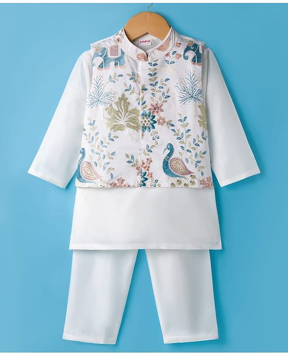Babyhug Woven Full Sleeves Kurta Pajama Set With Floral Embroidered Jacket - White