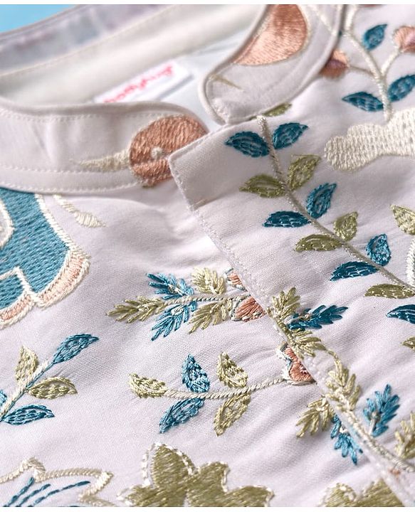 Babyhug Woven Full Sleeves Kurta Pajama Set With Floral Embroidered Jacket - White