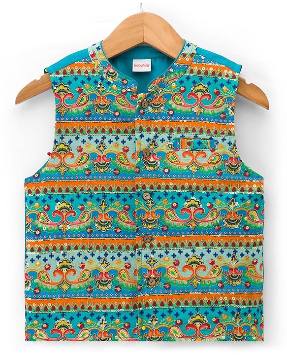 Babyhug Woven Full Sleeves Kurta Pyjama Set With Printed Nehru Jacket - Orange