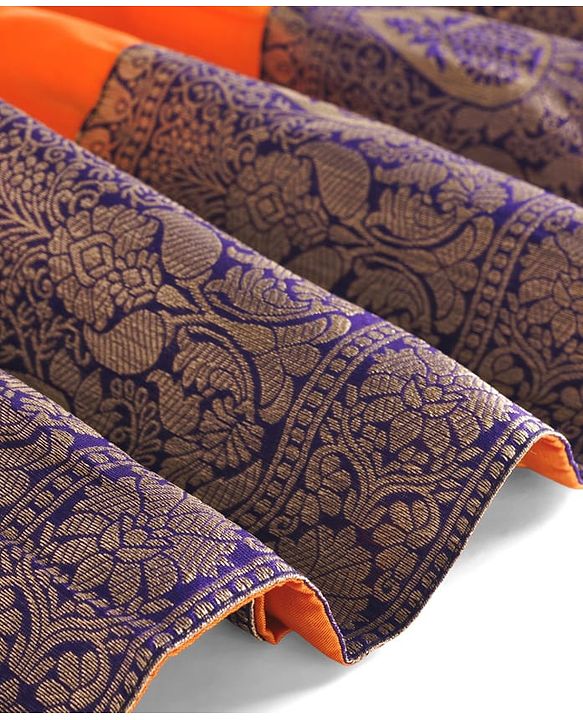 Babyhug Brocade Woven Half Sleeves Choli Lehenga Set With Foil Print & Dupatta - Navy Blue & Yellow