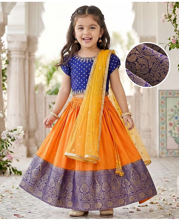 Babyhug Brocade Woven Half Sleeves Choli Lehenga Set With Foil Print & Dupatta - Navy Blue & Yellow
