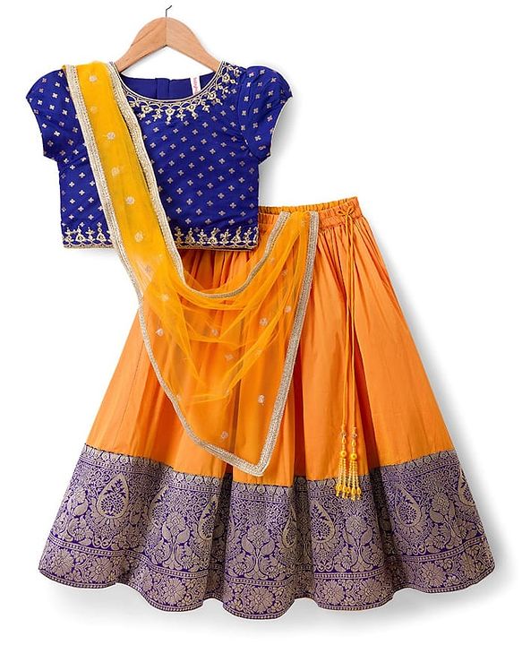 Babyhug Brocade Woven Half Sleeves Choli Lehenga Set With Foil Print & Dupatta - Navy Blue & Yellow