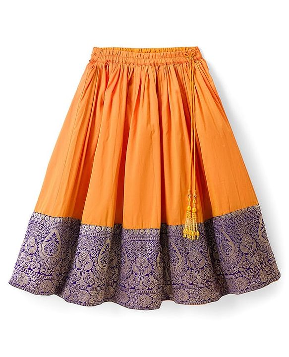 Babyhug Brocade Woven Half Sleeves Choli Lehenga Set With Foil Print & Dupatta - Navy Blue & Yellow