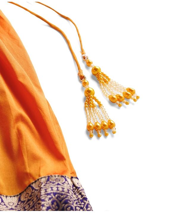 Babyhug Brocade Woven Half Sleeves Choli Lehenga Set With Foil Print & Dupatta - Navy Blue & Yellow