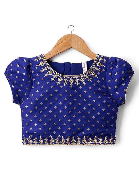 Babyhug Brocade Woven Half Sleeves Choli Lehenga Set With Foil Print & Dupatta - Navy Blue & Yellow