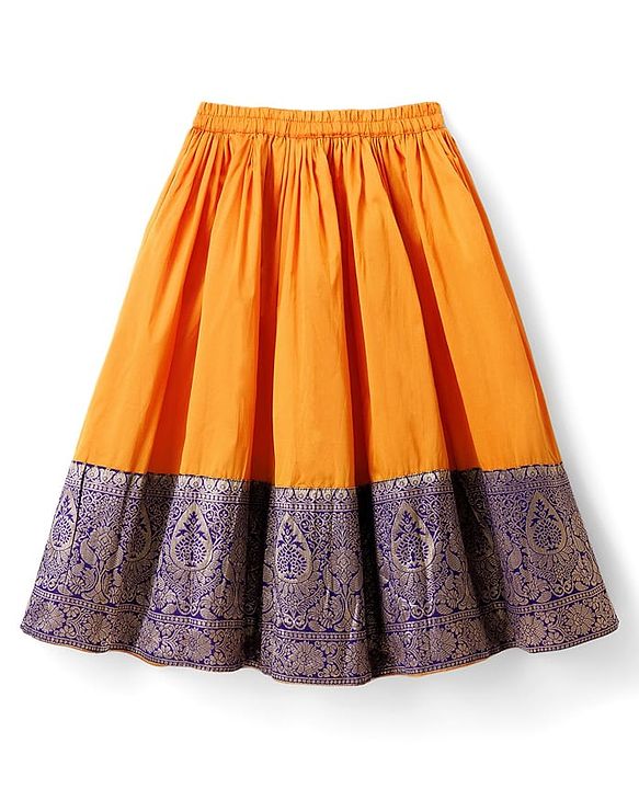 Babyhug Brocade Woven Half Sleeves Choli Lehenga Set With Foil Print & Dupatta - Navy Blue & Yellow