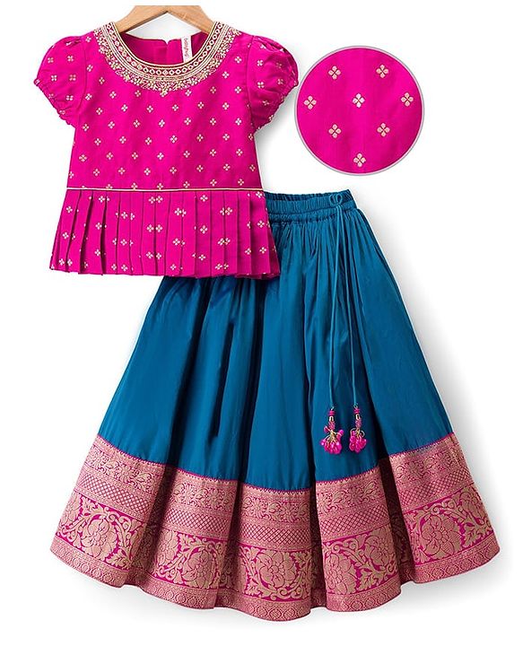 Babyhug Brocade Woven Half Sleeves Choli and Lehenga Set with Floral Embroidery & Foil Print - Dark Pink