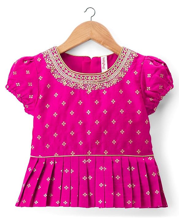 Babyhug Brocade Woven Half Sleeves Choli and Lehenga Set with Floral Embroidery & Foil Print - Dark Pink