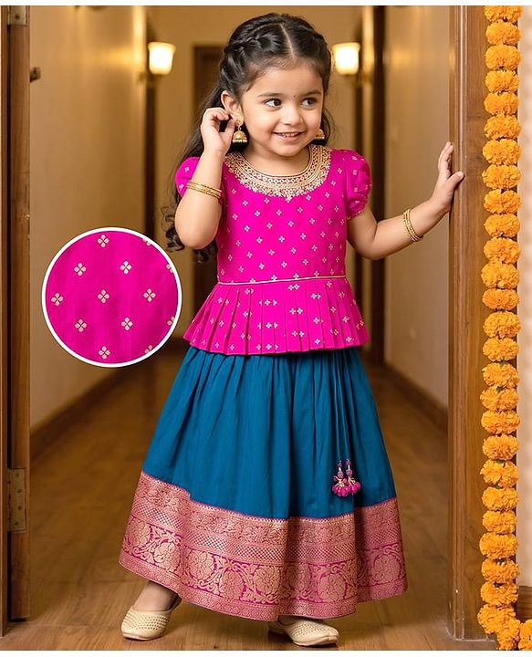 Babyhug Brocade Woven Half Sleeves Choli and Lehenga Set with Floral Embroidery & Foil Print - Dark Pink