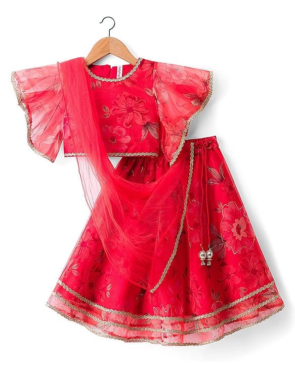 Babyhug Woven Floral Printed Flutter Sleeves Choli Lehenga Set with Floral Print & Lace Detailing & Dupatta - Orange