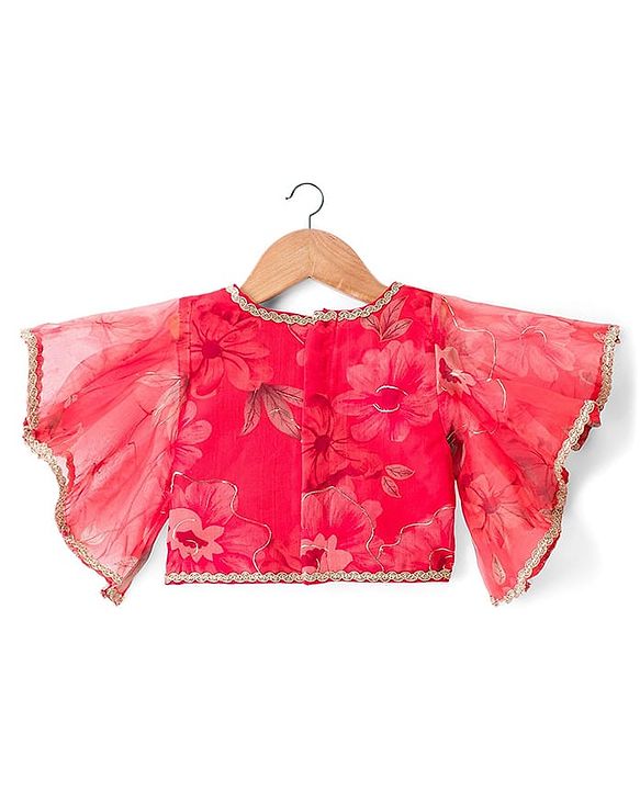 Babyhug Woven Floral Printed Flutter Sleeves Choli Lehenga Set with Floral Print & Lace Detailing & Dupatta - Orange