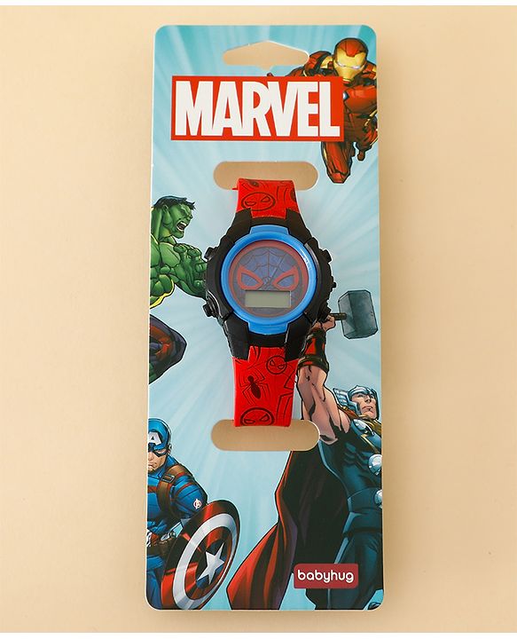 Babyhug Free Size Digital Watch with Spiderman Print - Red