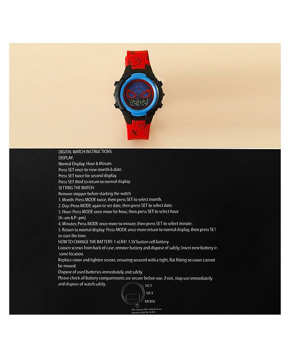 Babyhug Free Size Digital Watch with Spiderman Print - Red