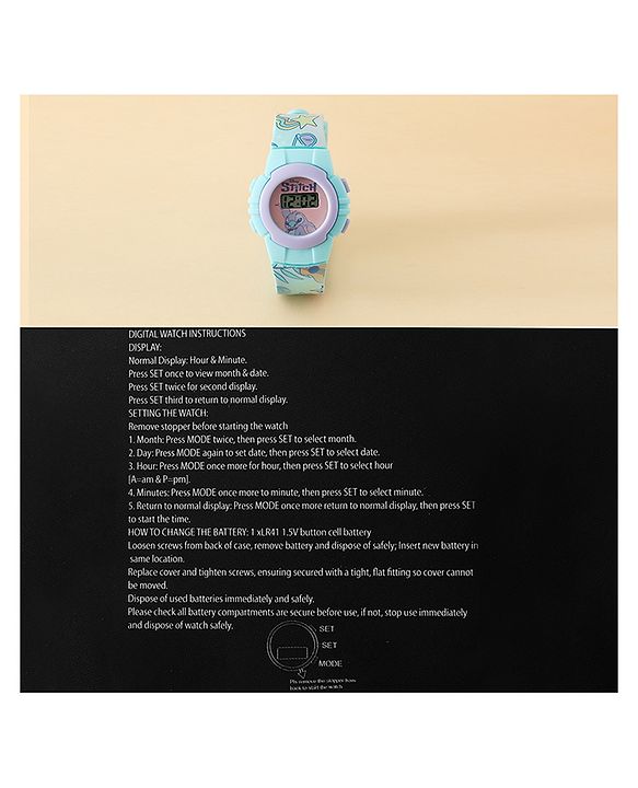 Babyhug Free Size Digital Watch with Stitch Print - Light Blue & White