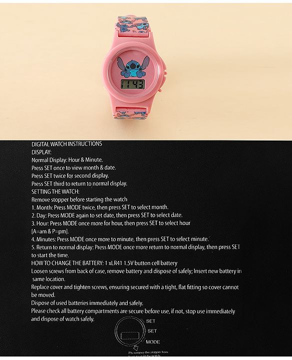 Babyhug Free Size Digital Watch with Stitch Print - Pink