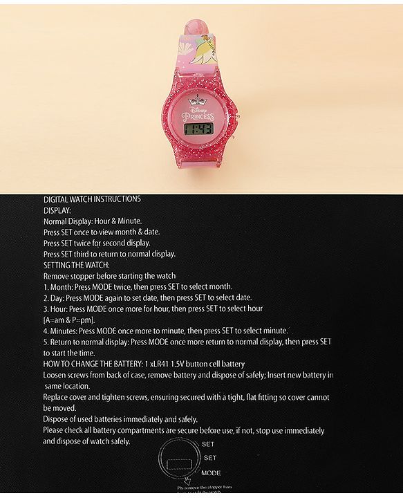 Babyhug Free Size Digital Watch with Princess Print - Light Pink