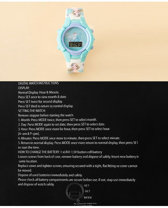 Babyhug Free Size Digital Watch with Frozen Print - Green & Blue