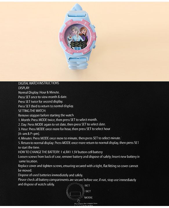 Babyhug Free Size Digital Watch with Frozen Print - Blue & Pink