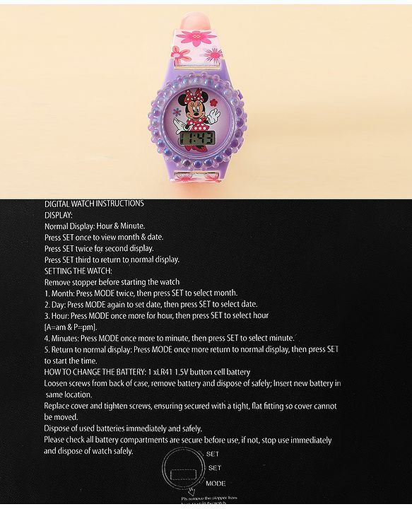 Babyhug Free Size Digital Watch with Minnie Mouse Print - Pink & Purple