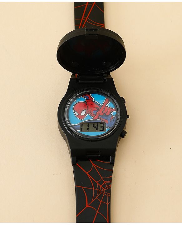 Babyhug Free Size Digital Watch with Spiderman Print - Black & Red