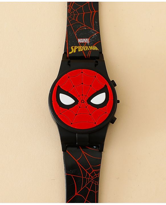 Babyhug Free Size Digital Watch with Spiderman Print - Black & Red