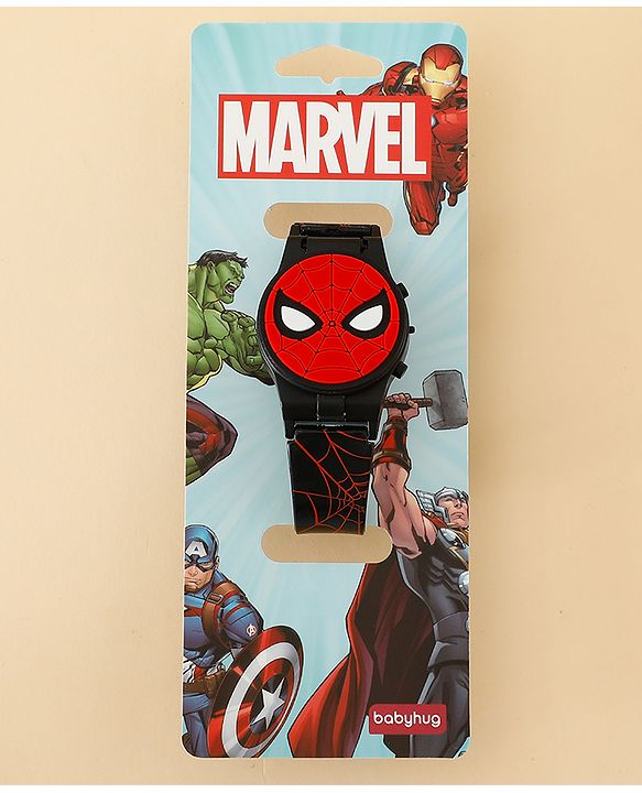 Babyhug Free Size Digital Watch with Spiderman Print - Black & Red