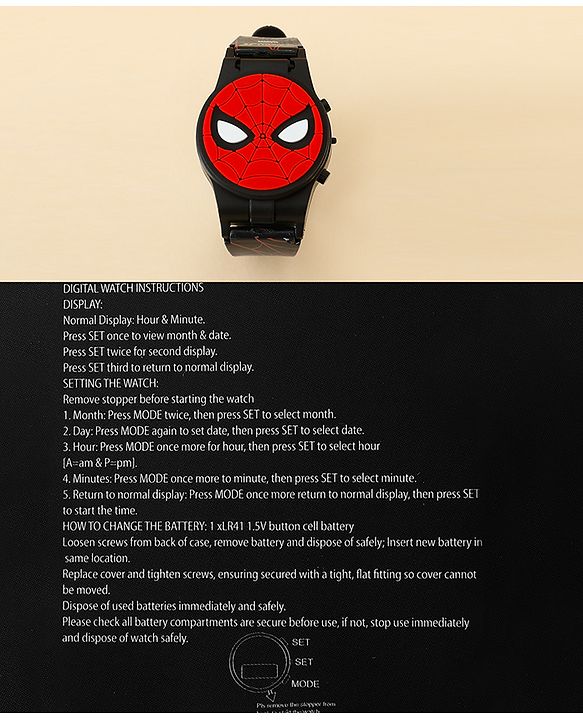 Babyhug Free Size Digital Watch with Spiderman Print - Black & Red