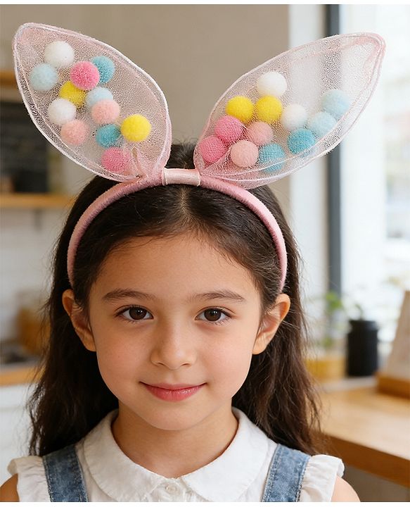 Babyhug Hair Bands Free Size Bunny Ear Applique with Colorful Pom Poms  - Light Pink