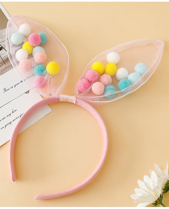 Babyhug Hair Bands Free Size Bunny Ear Applique with Colorful Pom Poms  - Light Pink