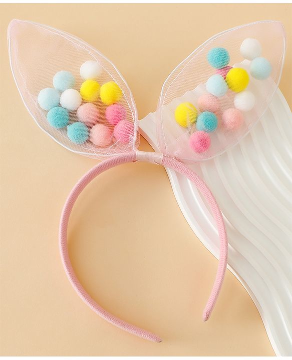 Babyhug Hair Bands Free Size Bunny Ear Applique with Colorful Pom Poms  - Light Pink
