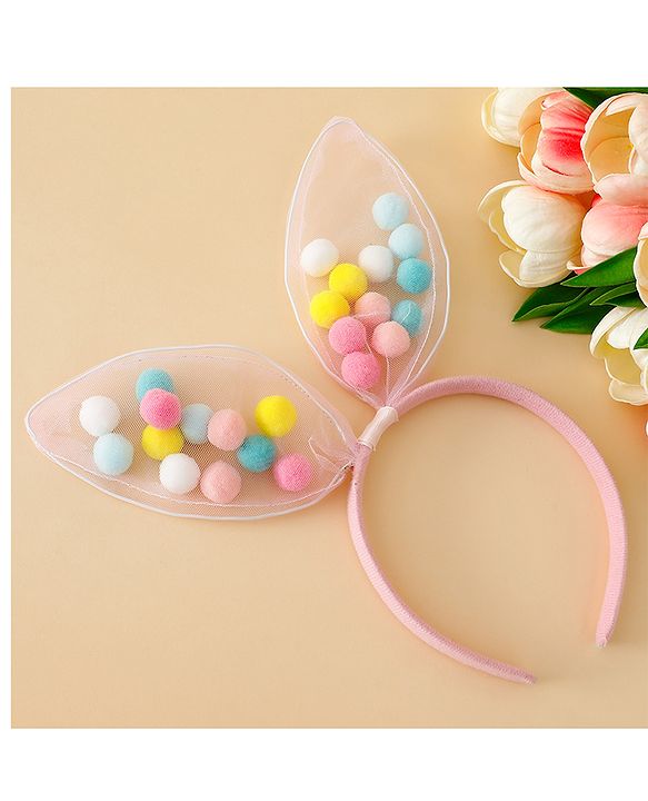 Babyhug Hair Bands Free Size Bunny Ear Applique with Colorful Pom Poms  - Light Pink